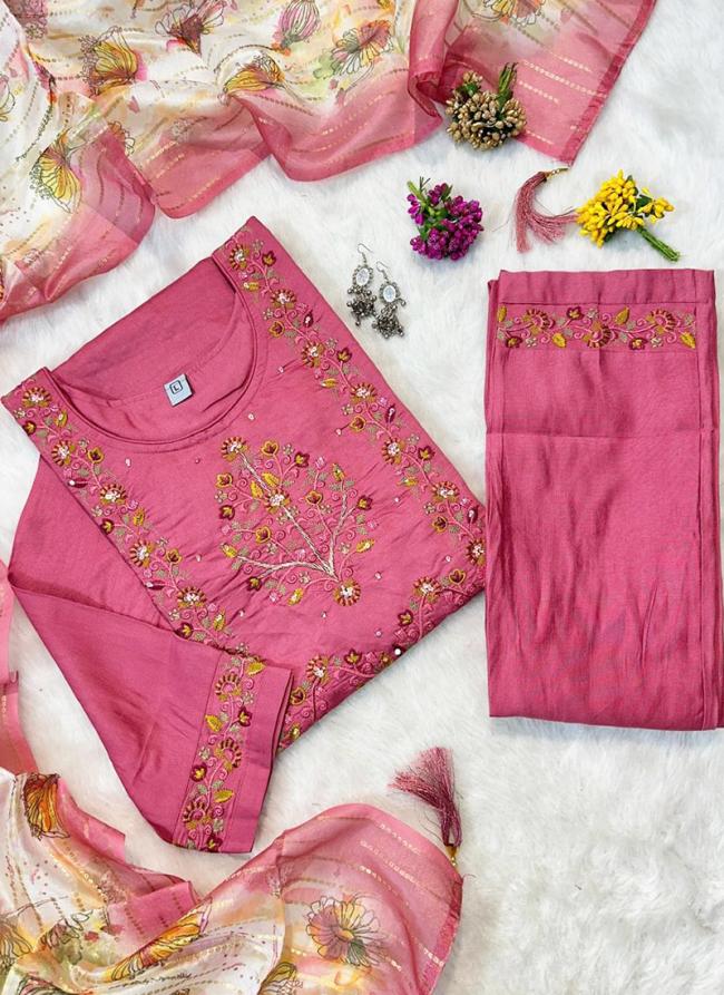 Pure Muslin Pink Festival Wear Hand Work Readymade 3 Pcs Kurti 